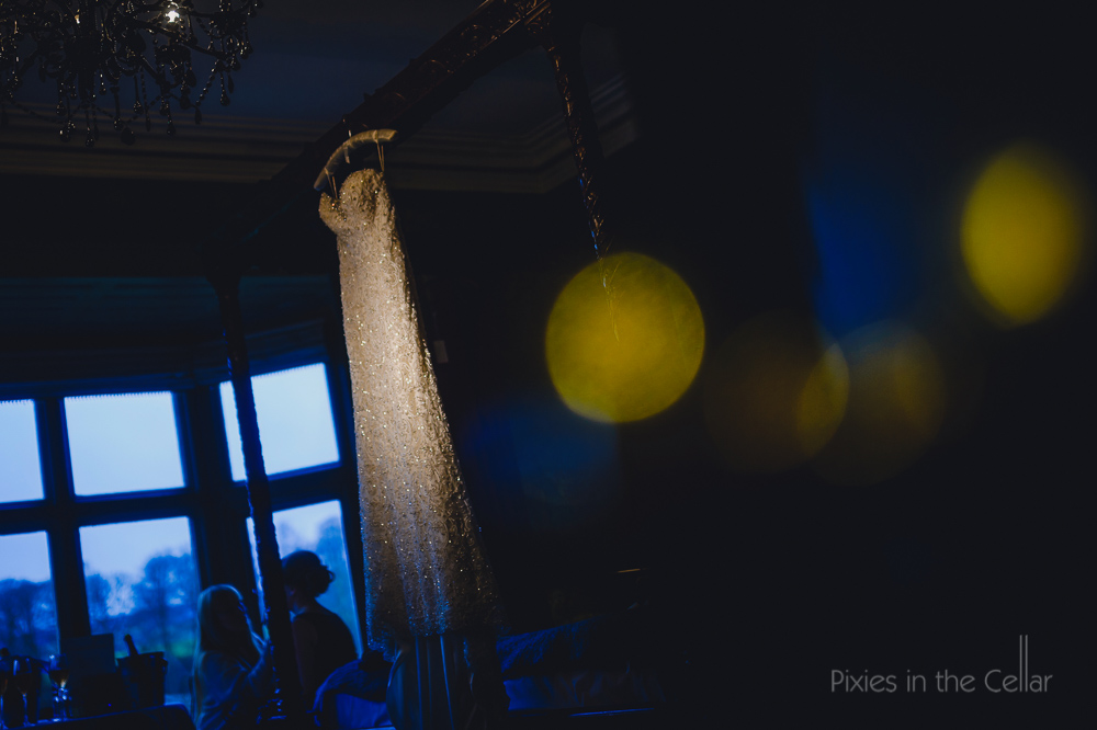 sparkly wedding dress in winter light