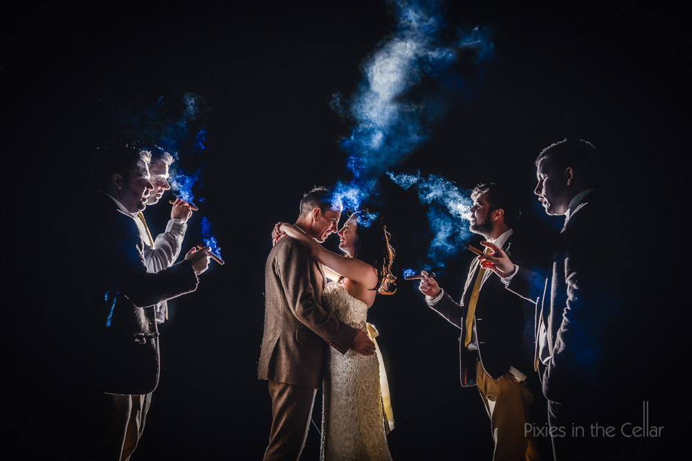 cigar smoke and bride and groom